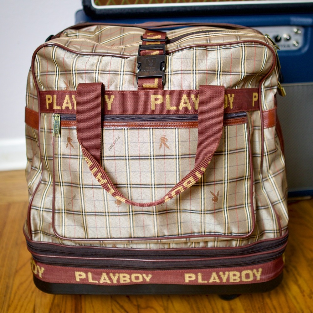 RARE PLAYBOY Expandable Luggage Rolling Duffle Bag Burberry Style Plaid